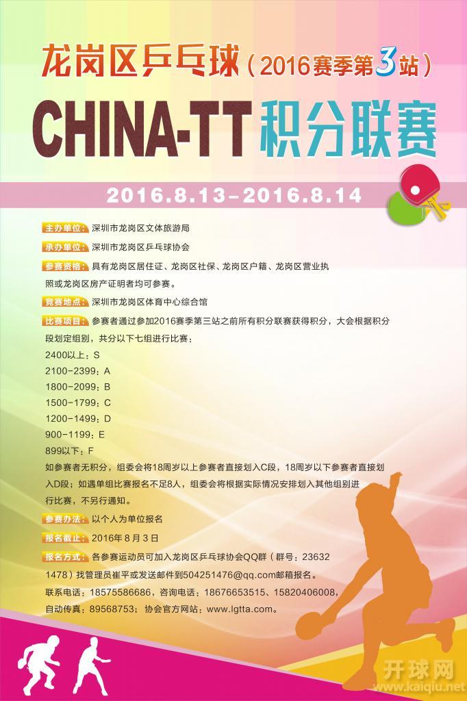 龙岗区乒乓球ChinaTT积分联赛（2016赛季第三站）D段